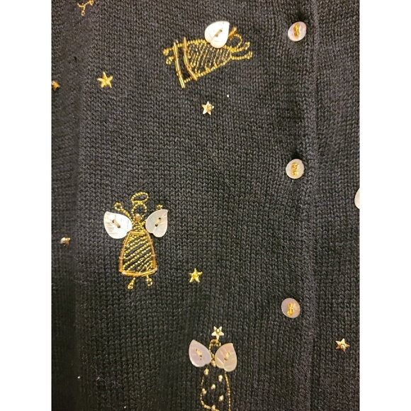 VTG Susan Bristol Embroidered Angel Black Cardigan Sweater SZ Med Christmas 2005 - Picture 6 of 9